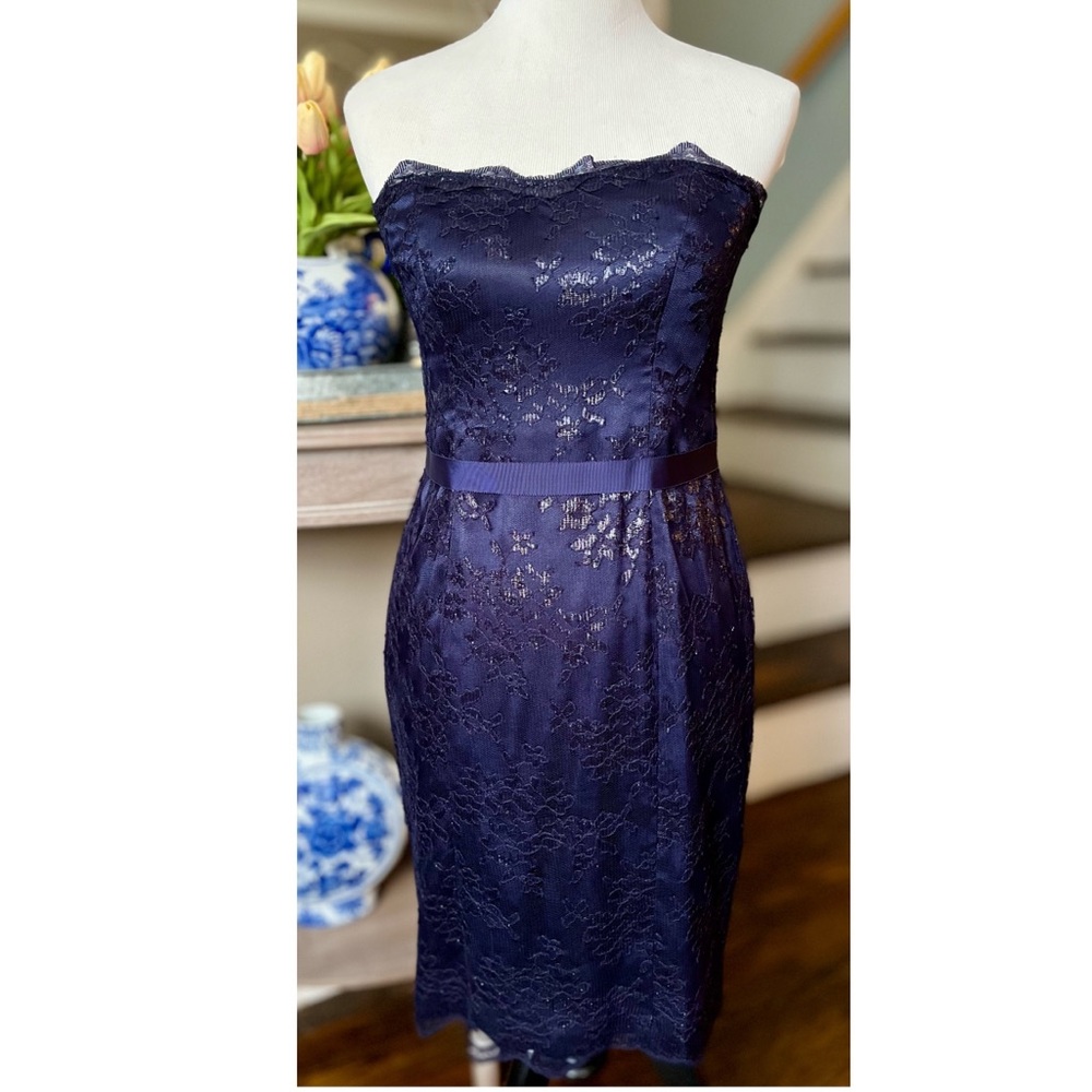 JS Boutique Women's Navy Strapless Sweetheart Metallic Lace Dress Sz 6